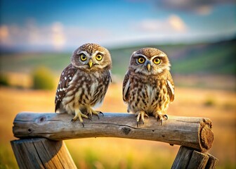 Tilt-Shift Photography of Two Little Owls Perched on Wood in Bagerova Steppe, Crimea, Ukraine - Nature, Wildlife, and Scenic Landscapes