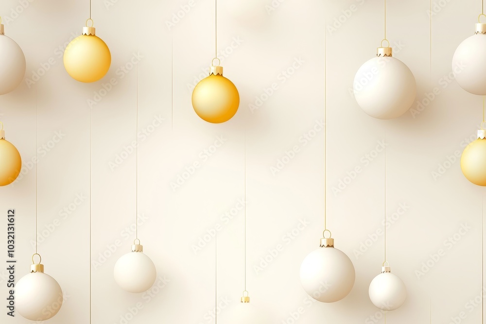 Poster a minimalistic display of hanging ornaments in gold and white against a light background, creating a