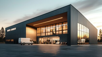 Obraz premium A modern commercial building with large glass windows, featuring a sleek design, surrounded by a serene landscape at sunset.