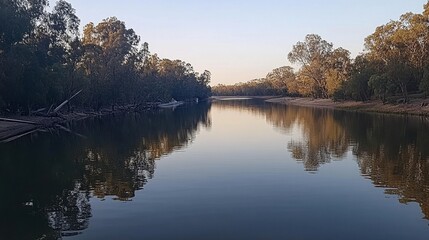 Fototapeta premium Tranquil Reflection on Calm River at Dusk