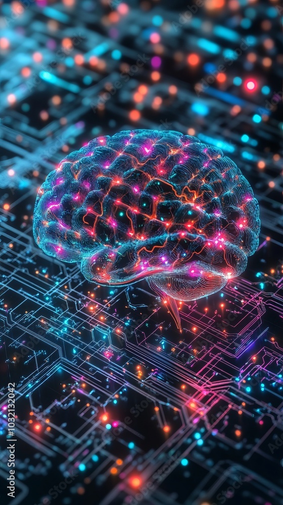 Poster digital brain made of circuits is pulsing with energy, symbolizing the power of ai. the image evokes