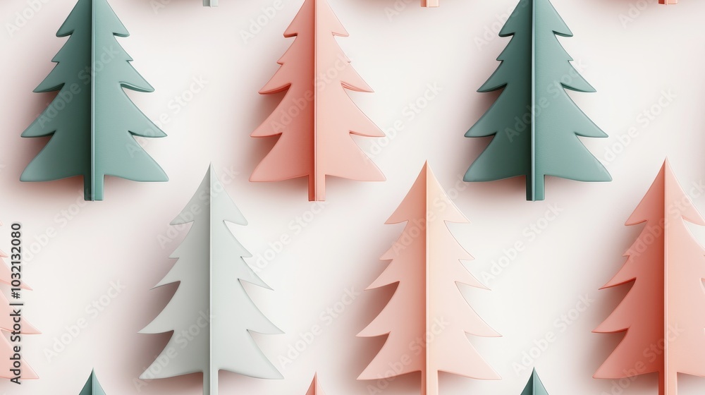 Aufkleber a pattern of minimalistic paper trees in pastel colors arranged symmetrically against a light backgr