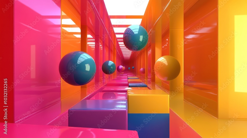 Poster Abstract 3D render of colorful geometric shapes floating in an infinite hallway with neon lighting.