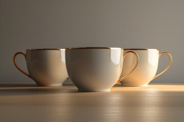 Three coffee cups sit on a wooden table, ready for use