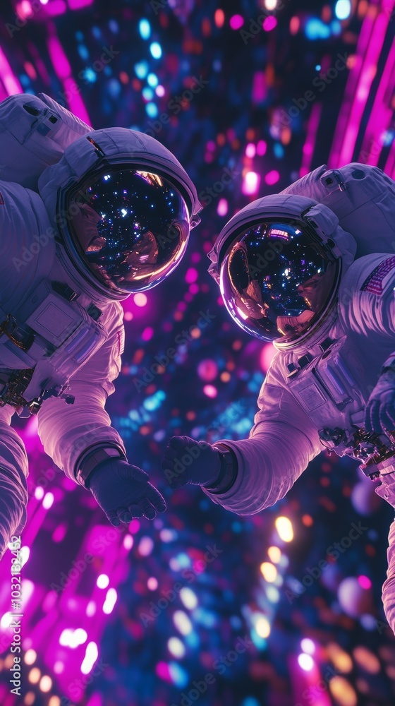 Poster two astronauts are meeting in deep space with a colorful nebula in the background, creating a beauti
