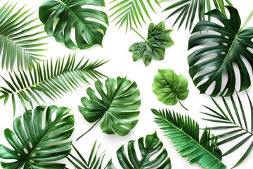 Real tropical leaves on white backgrounds.Botanical nature concepts.flat lay design