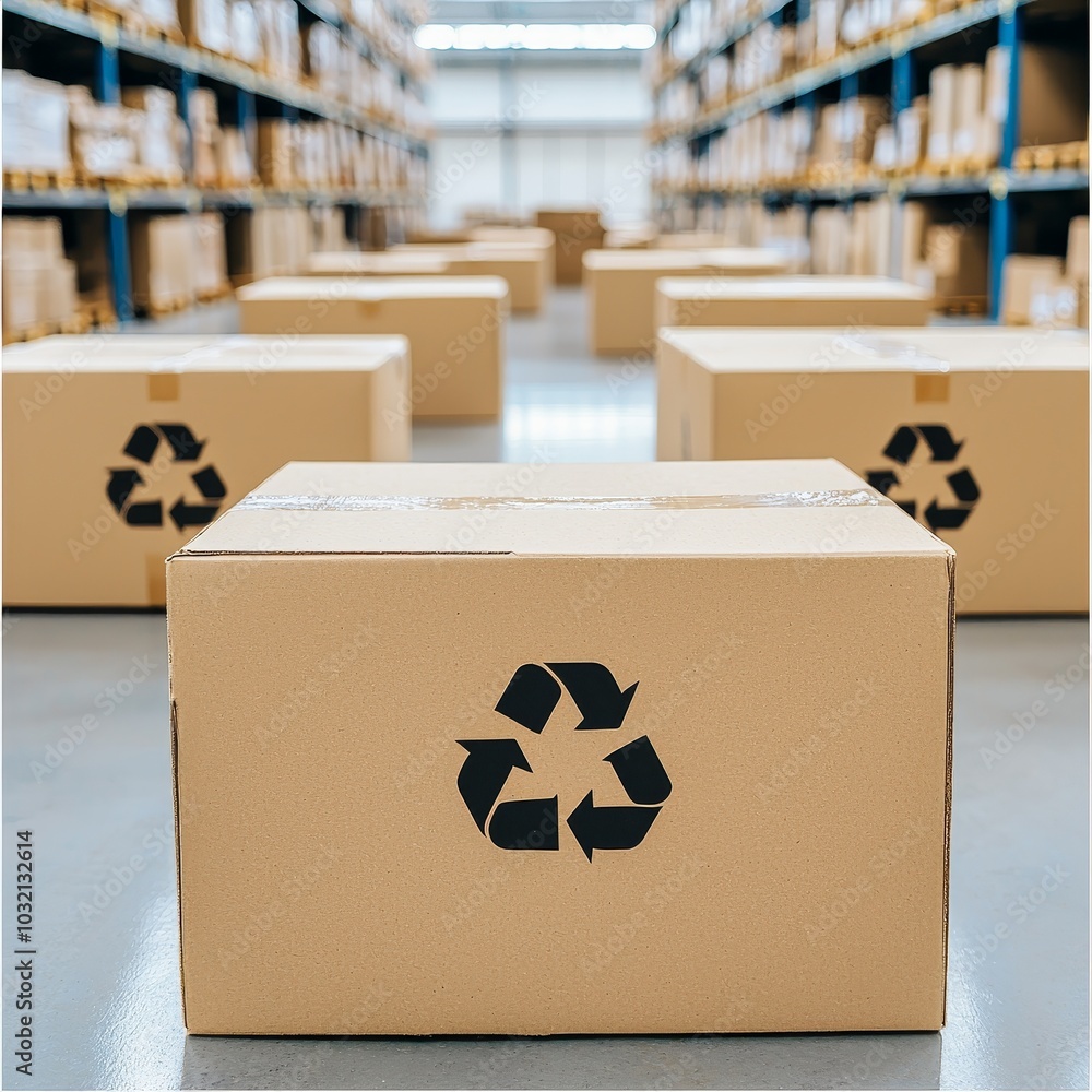 Poster a row of cardboard boxes with a recycling symbol in a large warehouse filled with neatly arranged pr