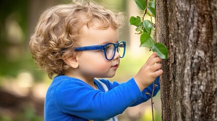 Young child wearing blue glasses focusing on distant tree outside window, symbolizing myopia prevention and importance of outdoor activities.