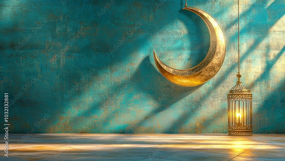 Wall mural a serene scene featuring a golden crescent moon on a teal wall, with soft lighting illuminating a de