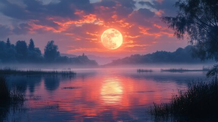 Fototapeta premium A serene landscape featuring a vibrant sunset over a calm lake, reflecting colorful skies.