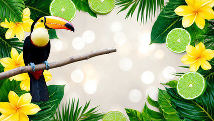 Naklejka premium A colorful summer background showcasing a beach sunset with a toucan, tropical leaves, and vibrant flowers in the foreground, set against a tranquil ocean and distant mountains.