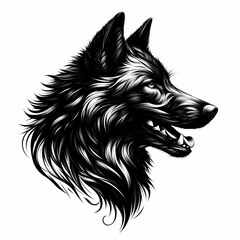 Black wolf head isolated on white. Sketch for tattoo.	
