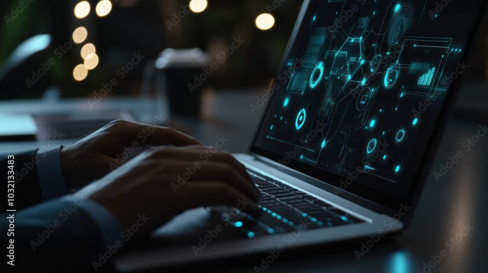 Poster person using laptop with data visualization