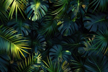 Fototapeta premium Shadow background of tropical monstera and palm leaves overhead view