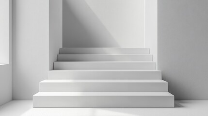 Minimalist white staircase in a modern interior with sunlight shining through a window.