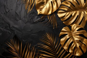 Tropical leaves on black background with space for text.