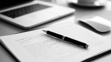 Workspace with a laptop, a cup of coffee, and a notebook featuring handwritten notes in a cozy study environment