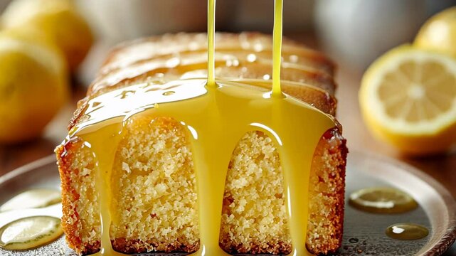 Lemon glaze dripping over pound cake