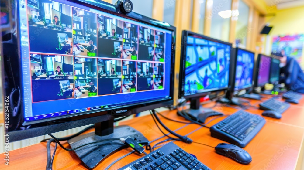 Poster security system with multiple monitor screens displaying live surveillance footage