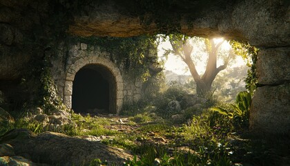 Fototapeta premium Resurrection of Jesus at the empty tomb during sunrise with nature's beauty