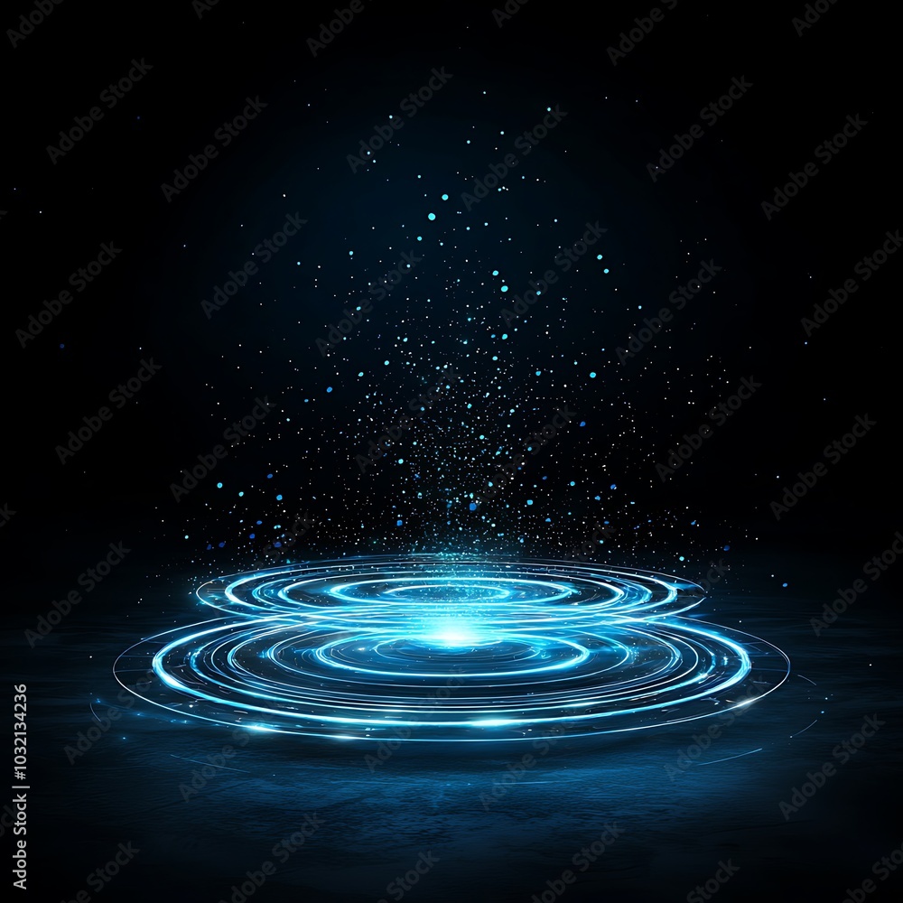 Poster a captivating representation of glowing blue light waves emanating in a dark space, creating a magic