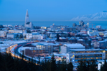 Reykjavik, the capital of Iceland, in winter, at night,