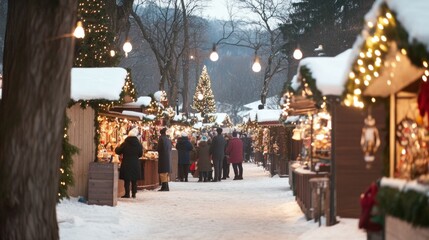 Outdoor Christmas market bustling with activity, festive stalls, snow-covered paths, families enjoying hot cocoa and holiday treats. Festive holiday market.