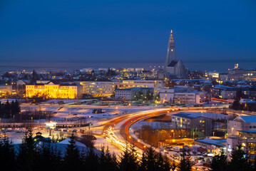 Reykjavik, the capital of Iceland, in winter, at night,