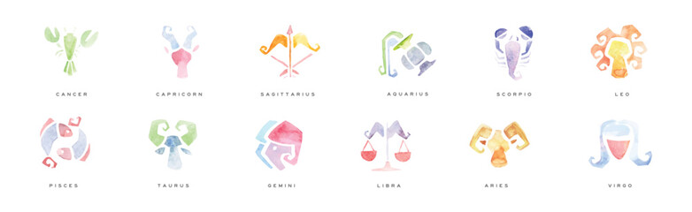 Zodiac Signs Hand Drawn Watercolor Symbol Vector Set
