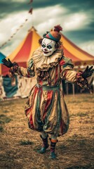 Obraz premium Chilling clown with grimy makeup poses in a field by a circus tent, creating a spooky atmosphere perfect for halloween or a creepy event