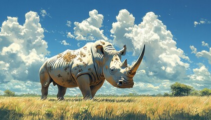 Fototapeta premium A majestic rhinoceros stands in a vibrant grassy landscape under a blue sky with clouds.