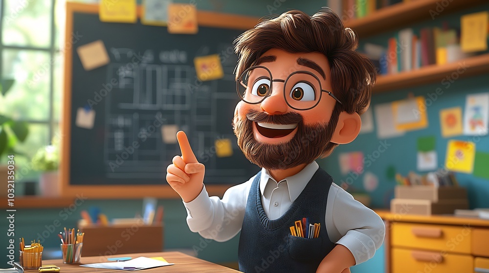 Poster vibrant cartoon scene of a male teacher using a pointer to highlight key points on a blackboard exud