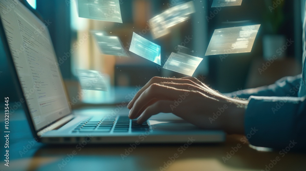 Poster digital data flow: typing on laptop with holographic data