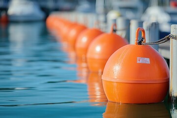 A row of orange buoys floating on the surface of the water, ideal for illustrations about boats, sailing, or relaxation