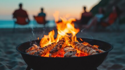 Beachside Bonfire Dinner with Grilled Seafood and Friends Gathered for a Casual under the Warm Glow of Sunset