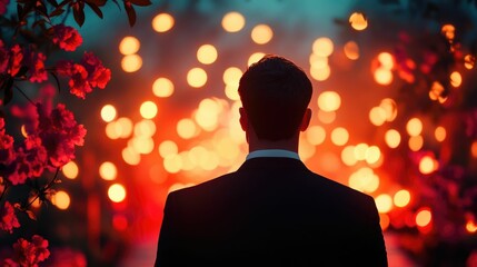 A couple enjoying a romantic candlelit dinner in a serene flower filled garden at night surrounded by soft music and a cozy enchanting atmosphere