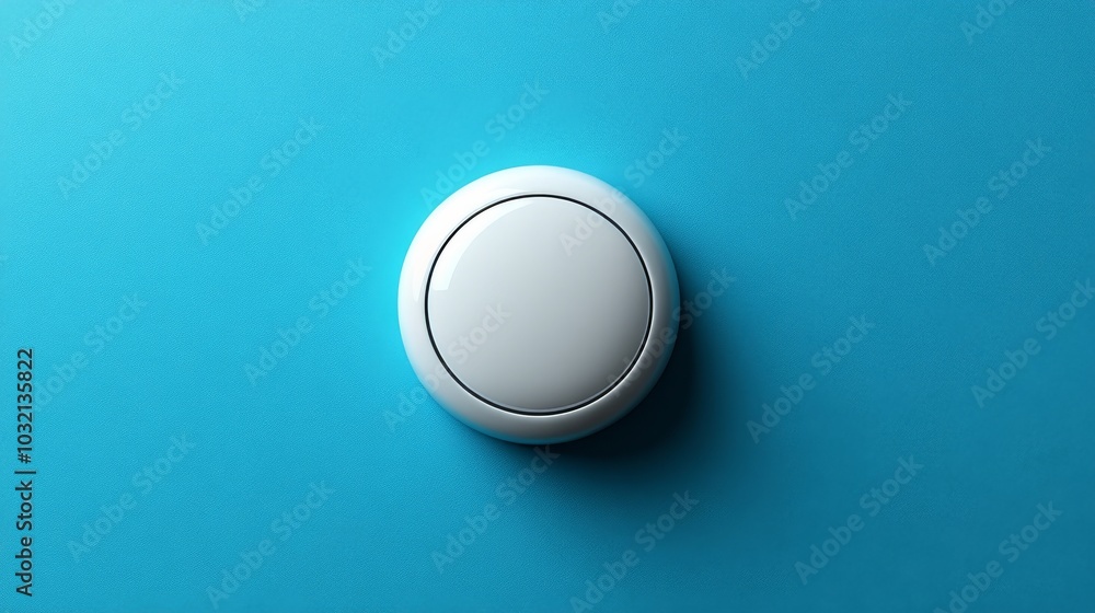 Poster sleek white button on a vibrant blue background with a subtle shadow, perfect for tech concepts, iso