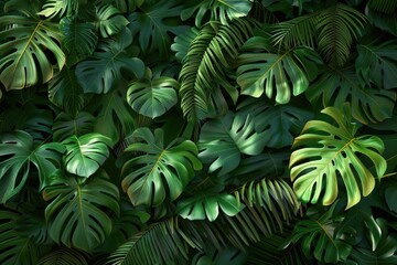 Fototapeta premium Tropical jungle leaves on wall with dark green background