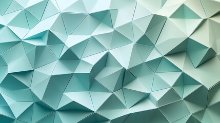 Obraz premium A light blue-green geometric pattern featuring 3D triangular shapes in an abstract mosaic design, showcasing soft pastel hues and a modern minimalist art aesthetic.