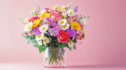 Vase with colorful flowers including roses and daisies on light background