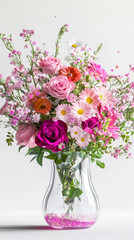 Fototapeta premium Vase with colorful flowers including roses and daisies on light background