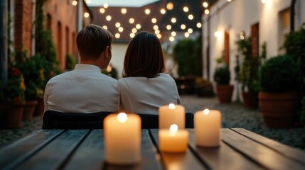 A couple enjoying a romantic candlelit dinner in a charming outdoor courtyard setting with string lights and an intimate atmospheric ambiance at night