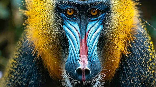 Close-up portrait of a mandrill with vivid colors, wildlife photography. Nature and animal photography concept.