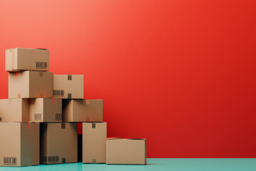Fototapeta premium Stack of cardboard boxes against pastel color background, concept of shipping