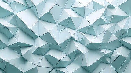Fototapeta premium A light blue-green geometric pattern featuring 3D triangular shapes in an abstract mosaic design, showcasing soft pastel hues and a modern minimalist art aesthetic.