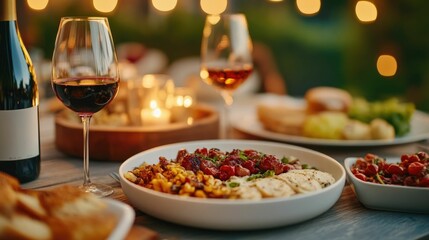 A romantic and intimate dinner setting in a picturesque vineyard with a table laid out under the night sky featuring bottles of wine glasses and a selection of rustic gourmet dishes