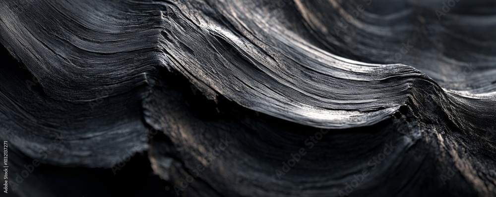 Poster close up view of dark wood grain texture forming an abstract wavy pattern, creating a natural backgr