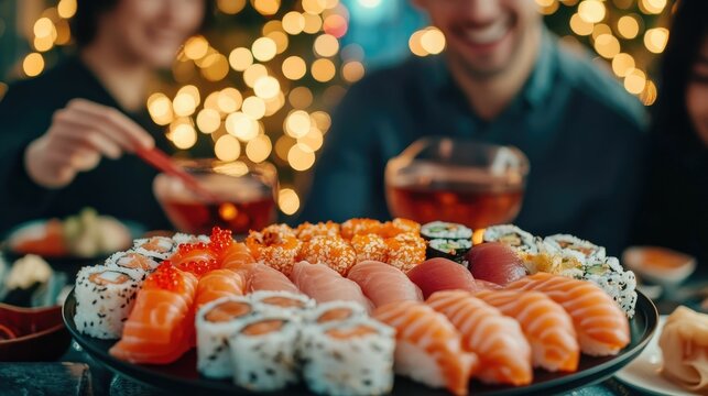 A group of friends gathering for a delightful sushi dinner on a rooftop with the twinkling city lights creating a captivating ambiance in the background
