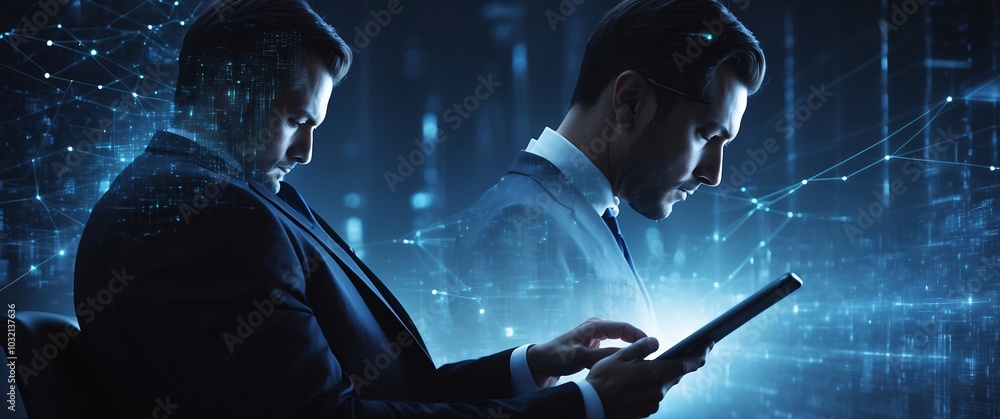 Poster the businessman using a tablet in a silhouette double exposure. in the background is network of glow