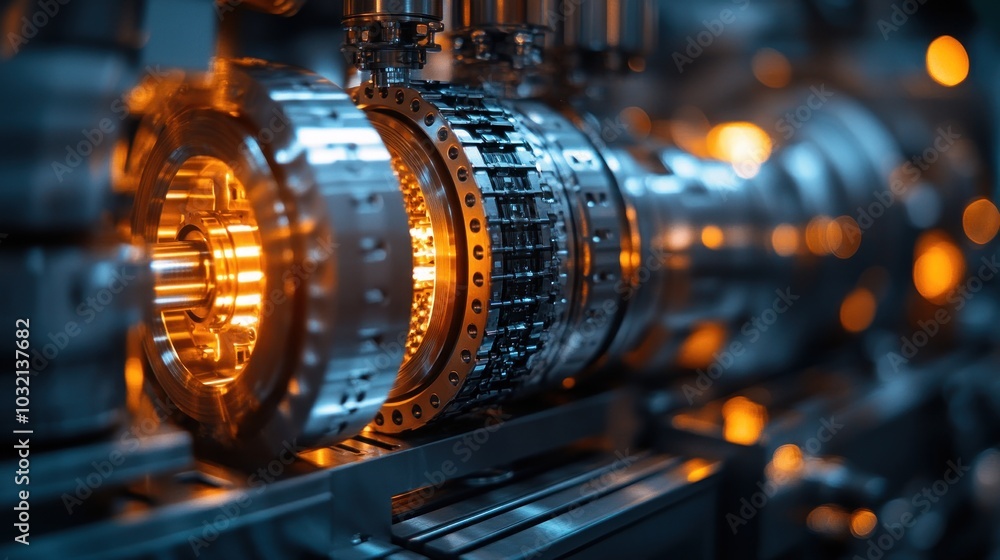 Poster close-up view of a complex industrial machine with intricate gears and mechanisms.